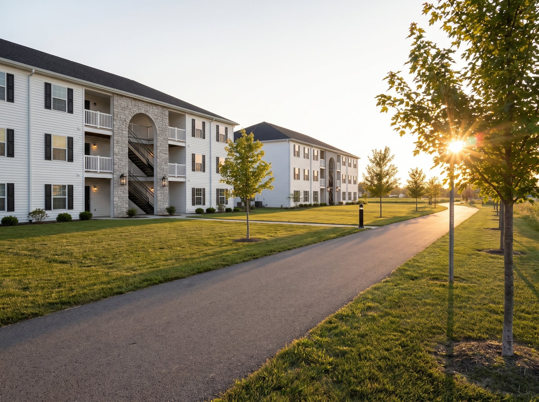 The paved trail running past the buildings at golden hour